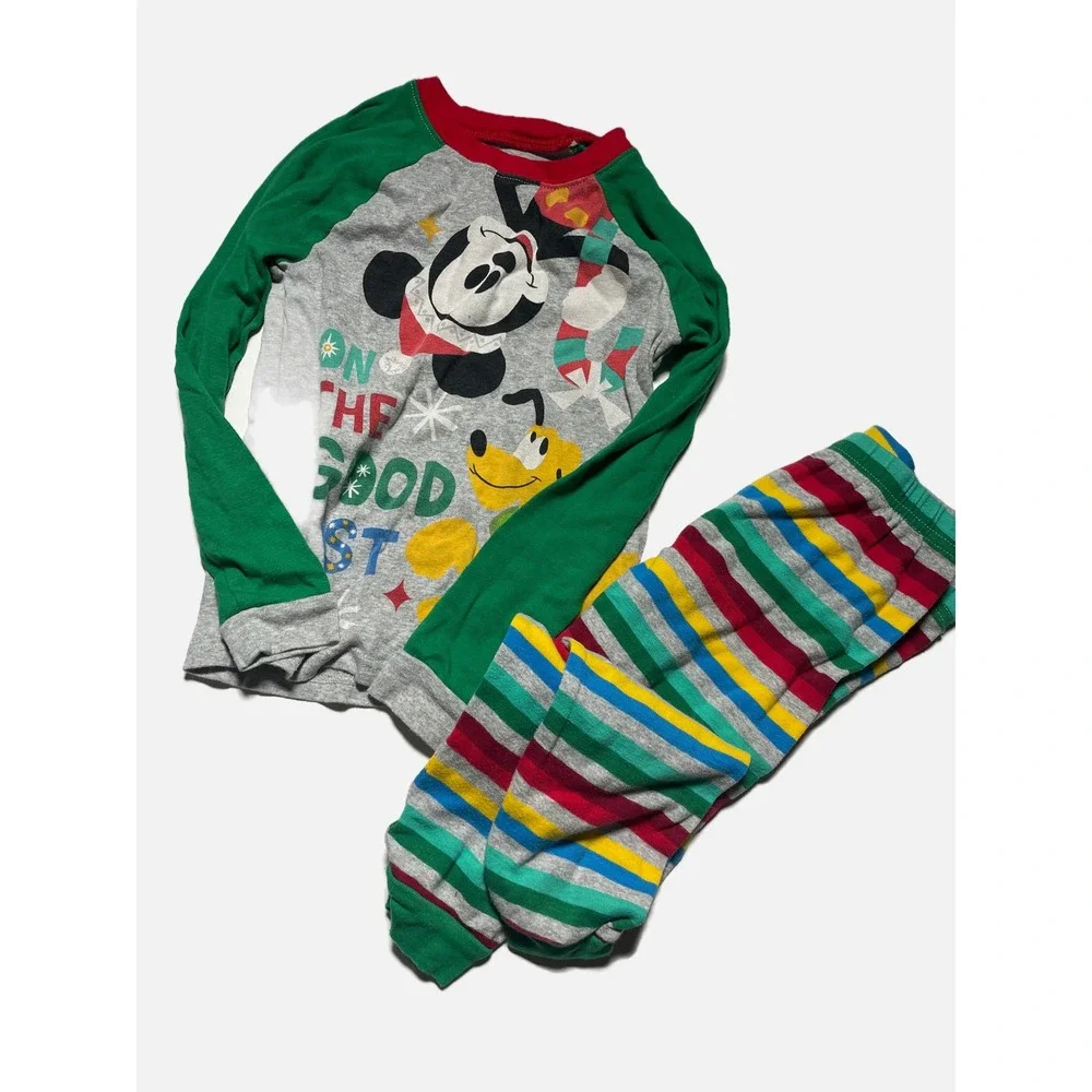 Disney Pajama Set Kids Size 7 Gray Green Mickey Pluto Christmas Holiday Sleepwea